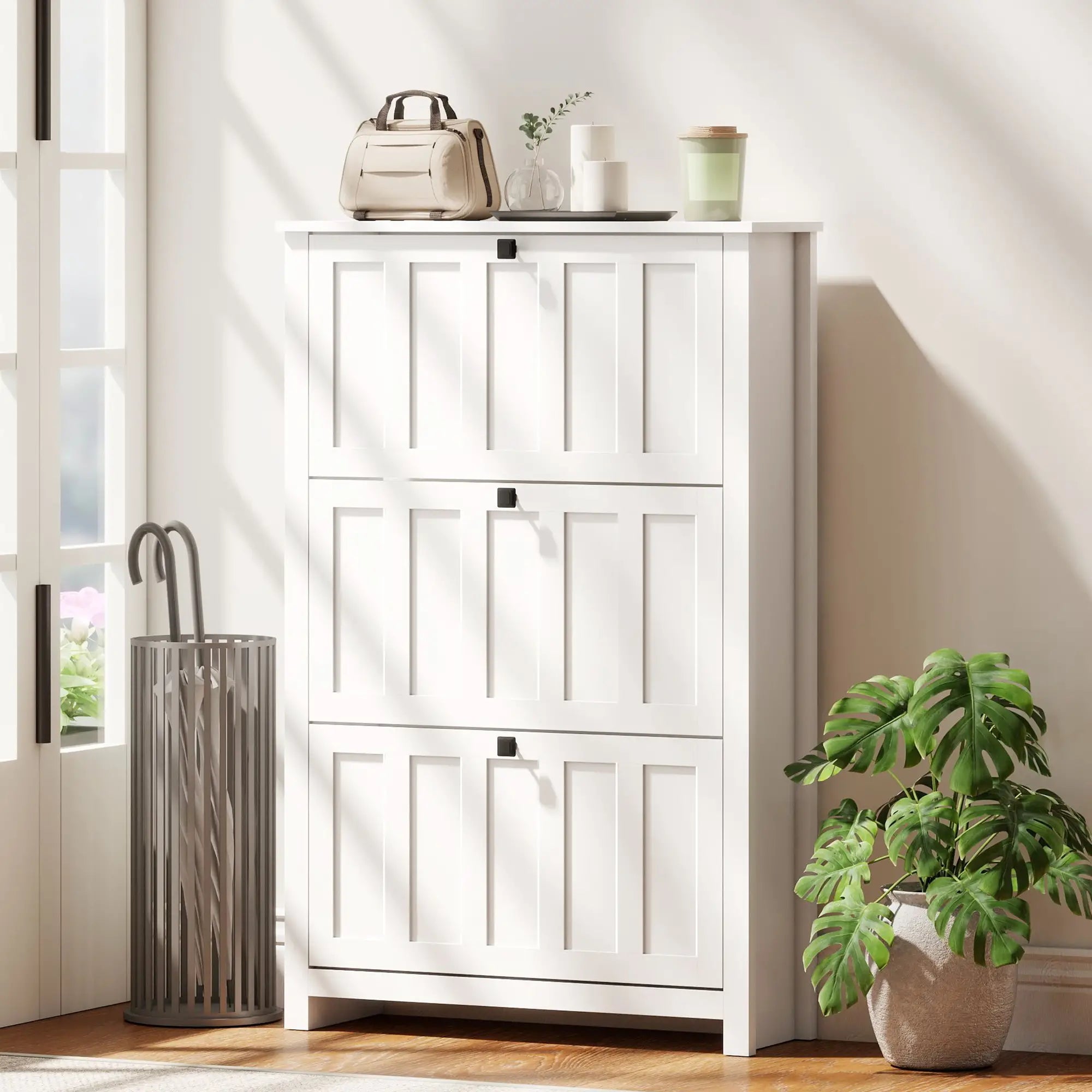 Slim Shoe Cabinet, 3 Flip Drawers, Adjustable Shelves, Holds 18 Pairs, White Shoe Storage Cabinets & Racks at Gallery Canada