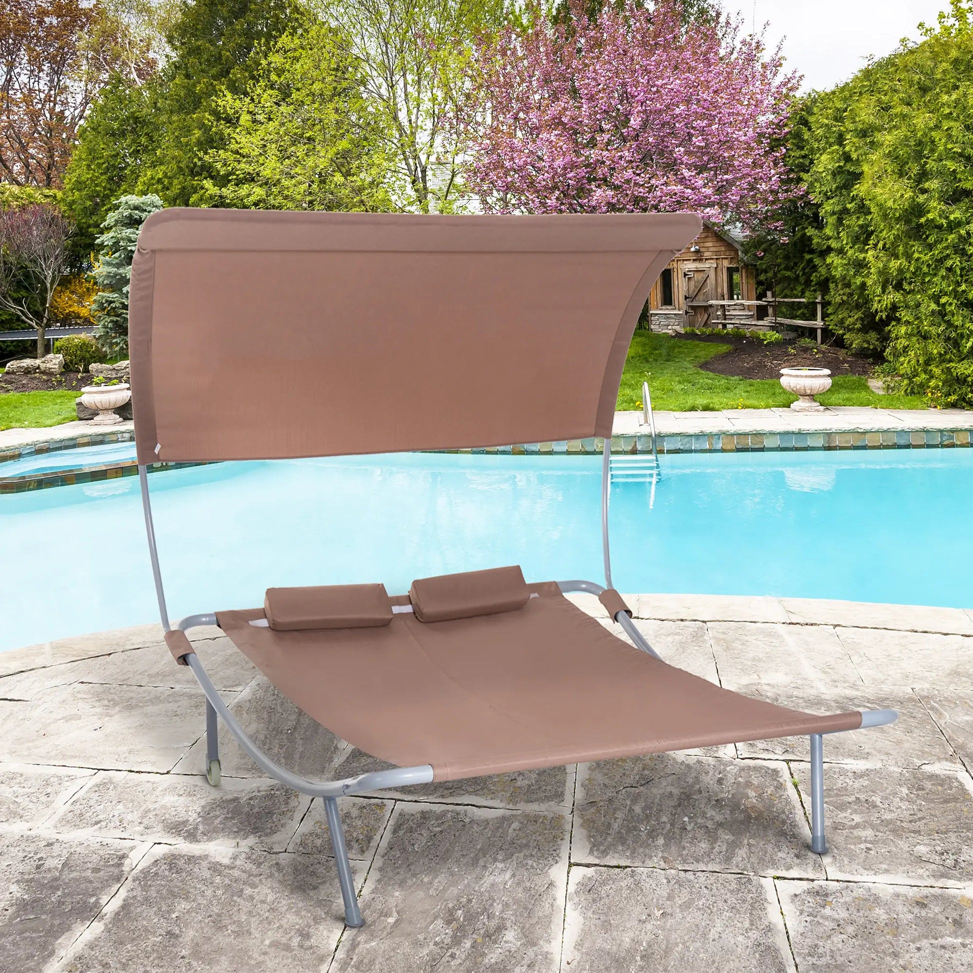 79" Outdoor Lounge Chair with Canopy, Double Chaise Lounger, Brown Lounger Chairs at Gallery Canada