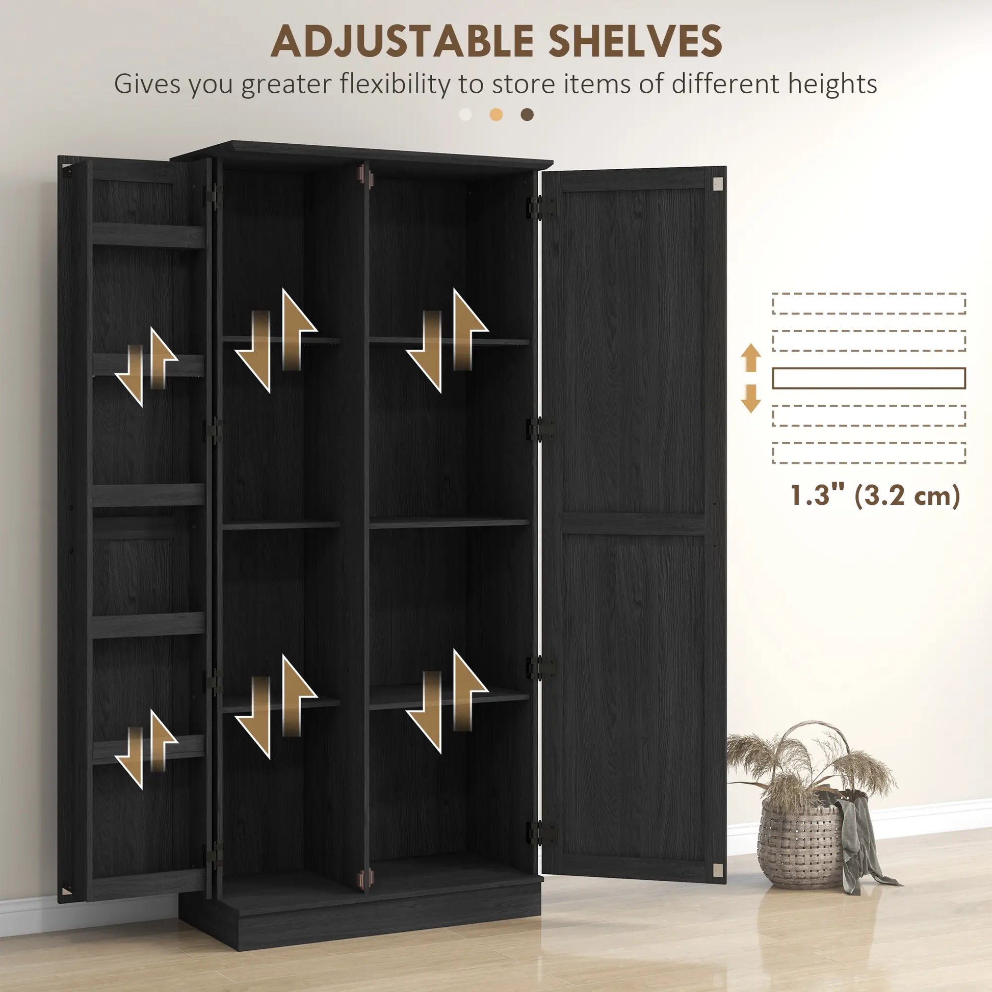 70" Tall Kitchen Pantry Cabinet, Adjustable Shelves, Black Wood Grain, Black Kitchen Pantry Cabinets at Gallery Canada