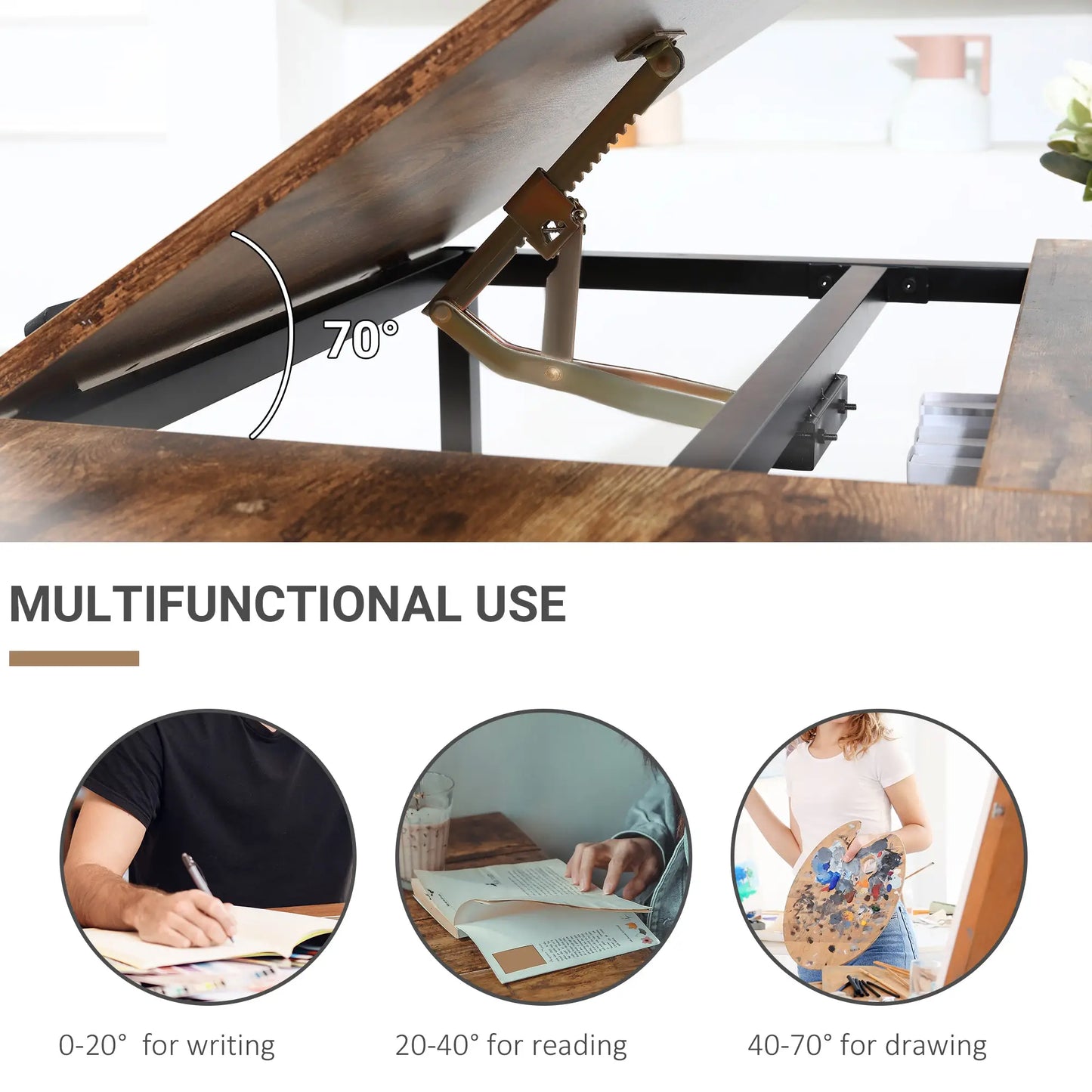 Adjustable Drafting Table, Art Desk, Tiltable Tabletop, Storage Shelf, Rustic Brown, Brown Writing Desks at Gallery Canada