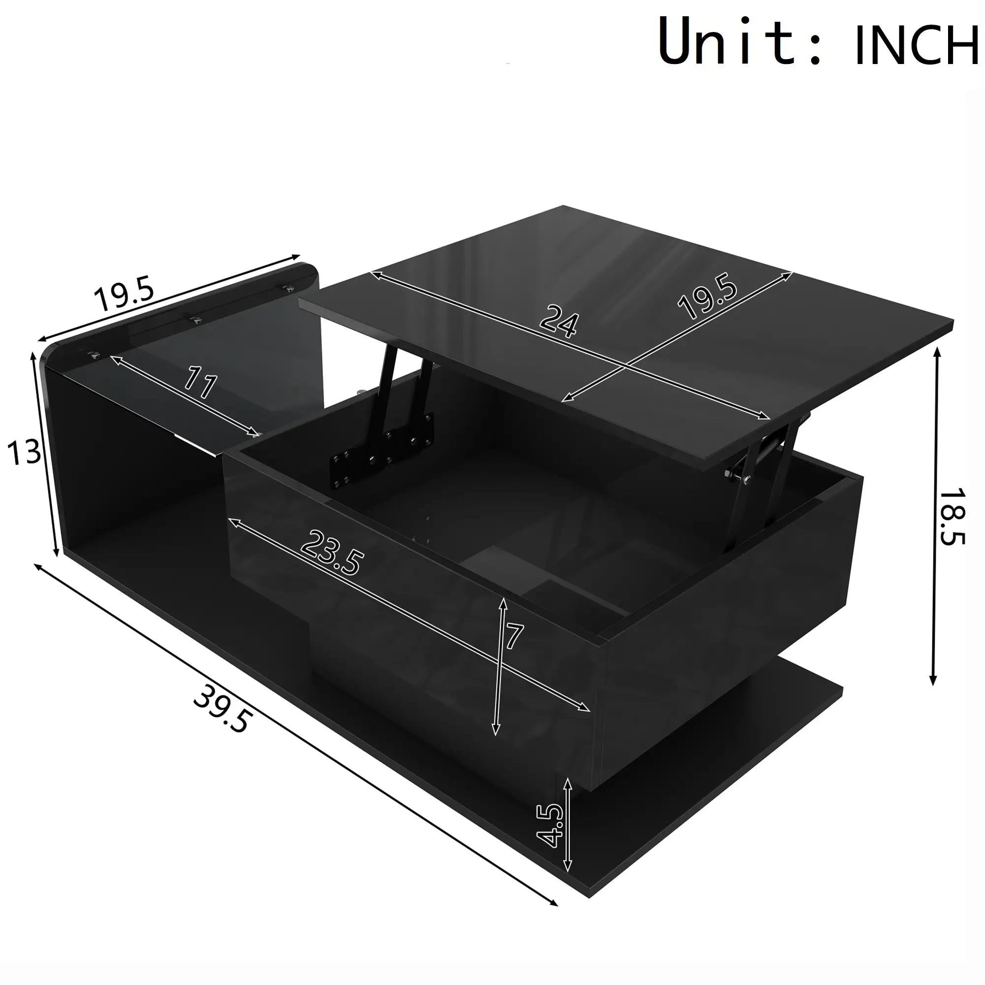 Coffee Table, Tempered Glass Top, LED Light, Adjustable Height, 39.5