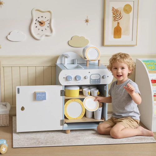 Wooden Dishwasher Playset, Play Sink Toys, Faucet and Accessories