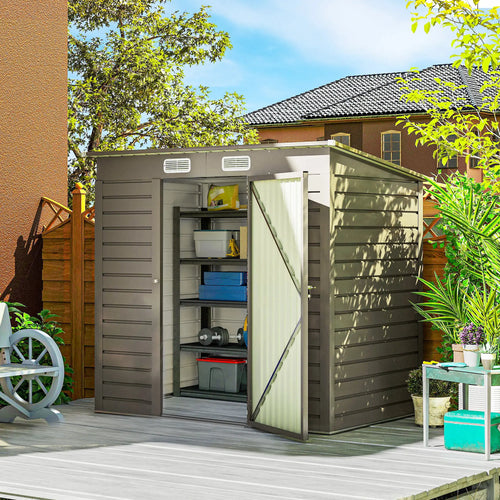 6 x 4FT Galvanized Metal Garden Shed, Double Doors, 2 Vents, Light Grey