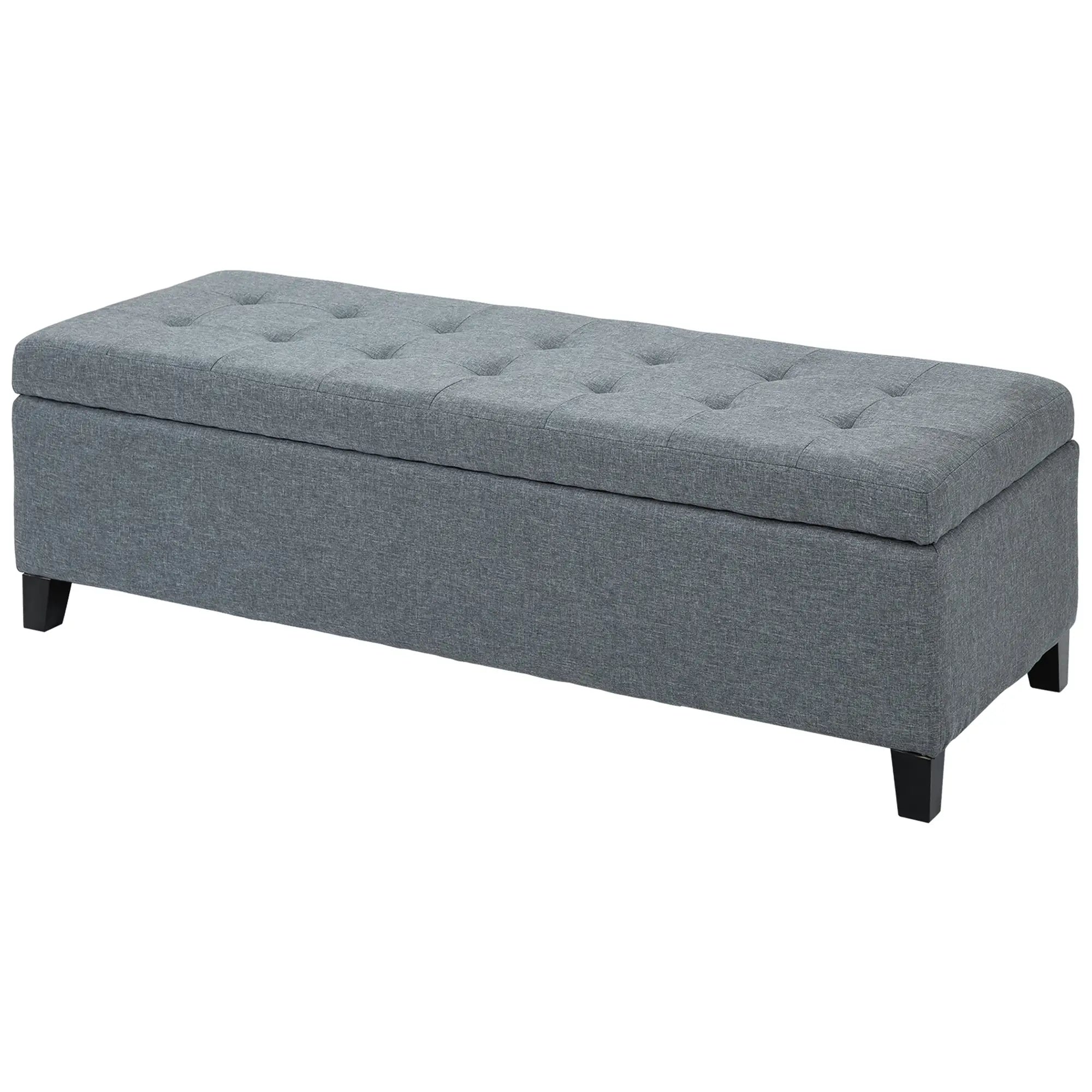 Rectangular Entry Bench, Tufted Upholstered Linen, Wood Feet, Grey Storage Ottomans & Benches at Gallery Canada