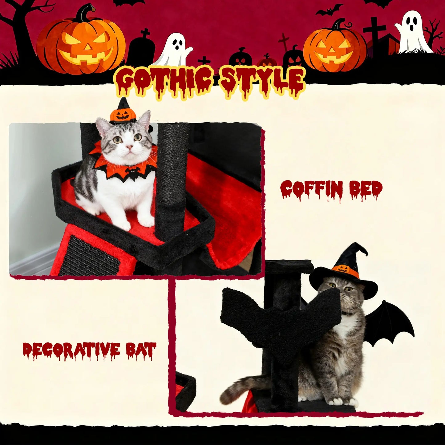 Gothic Cat Tree, 60" Tall, Coffin Bed, Scratching Posts, Black Cat Towers at Gallery Canada