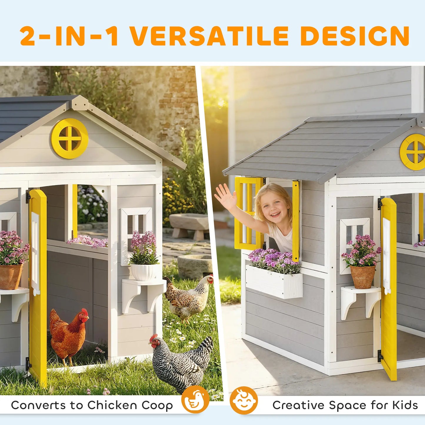 Wooden Playhouse For Kids, With Door, Windows, Planter Pots, Grey Play Houses at Gallery Canada