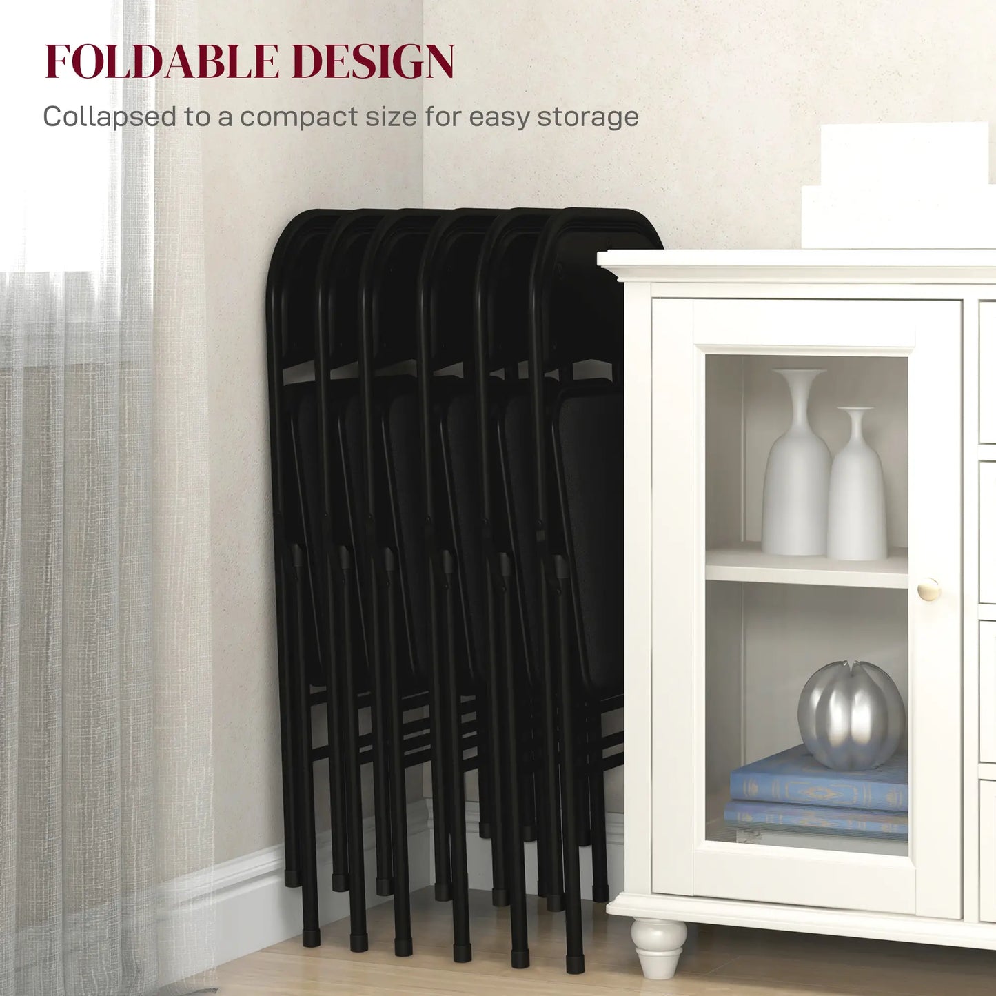 Set of 6 Metal Foldable Chairs, Linen Padded with Cushion Seat, Black Dining Chairs at Gallery Canada