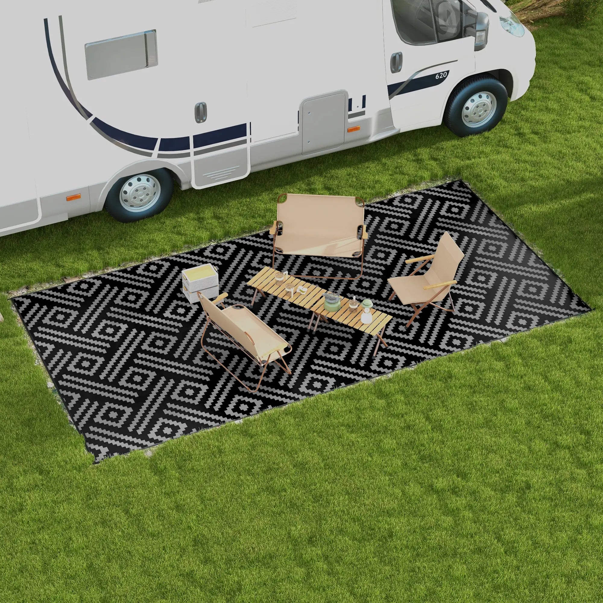 Reversible Outdoor Rug, Waterproof, 9' x 18', Geometric, Black Grey Outdoor Reversible Rugs at Gallery Canada
