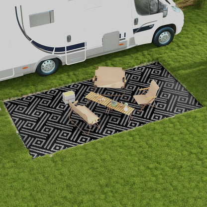 Reversible Outdoor Rug, Waterproof, 9' x 18', Geometric, Black Grey Outdoor Reversible Rugs at Gallery Canada