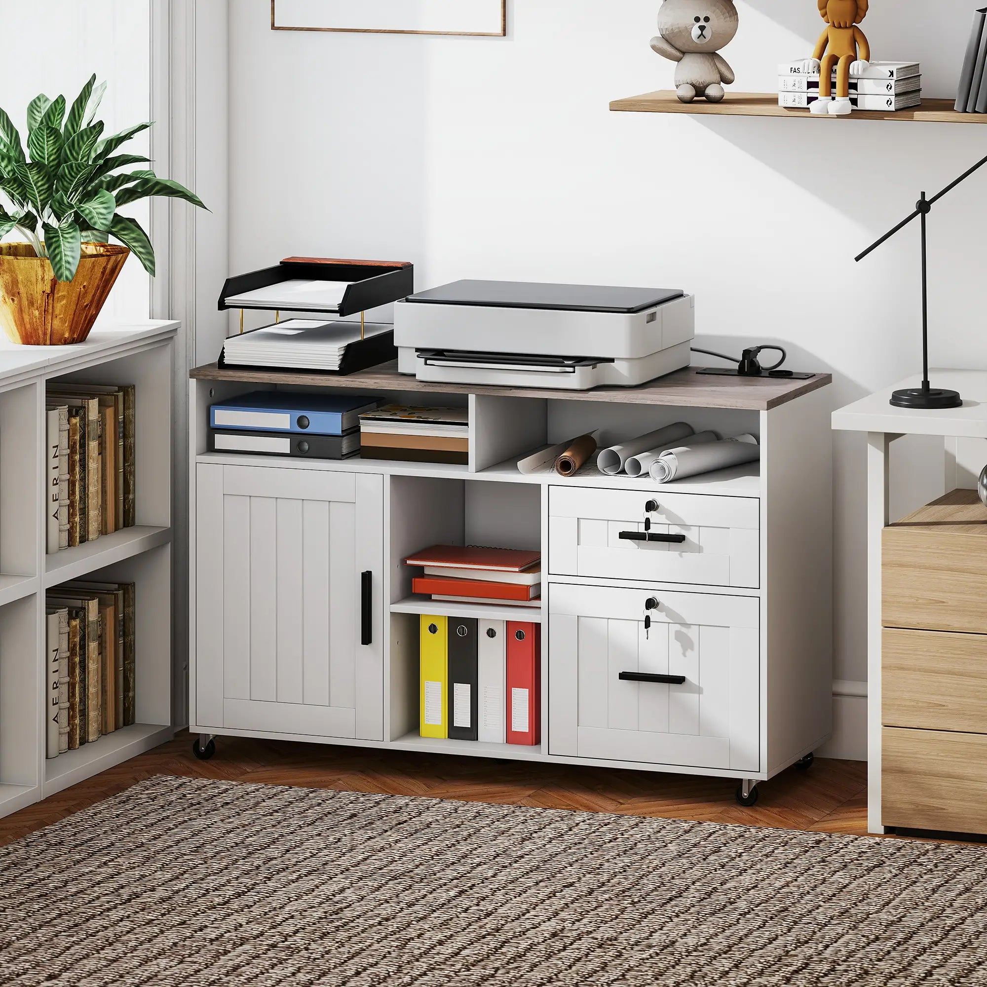 Mobile Printer Stand with Charging Station, Locking Filing Cabinet for A4 and Letter Size, White Office Cabinets & Cupboards at Gallery Canada