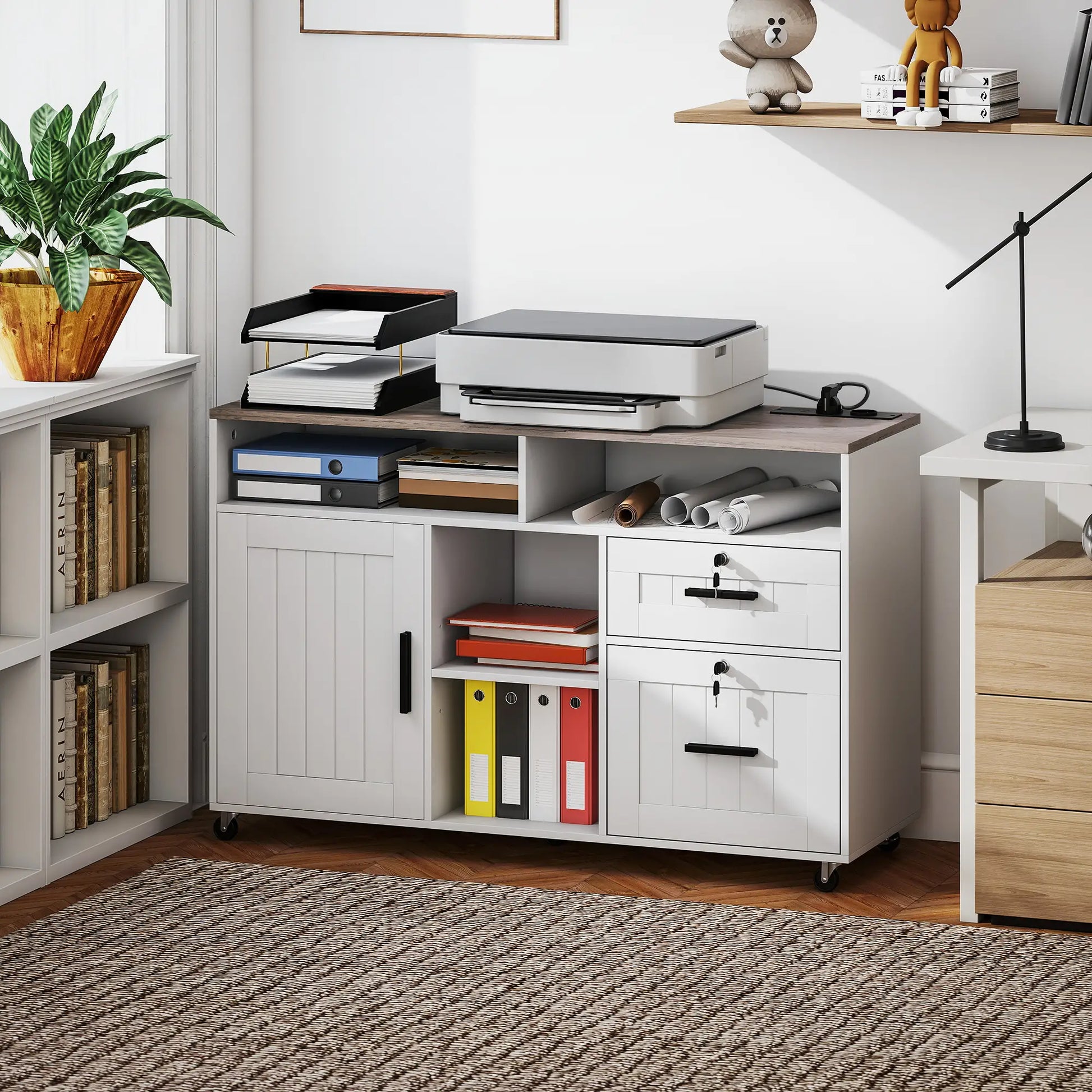 Mobile Printer Stand with Charging Station, Locking Filing Cabinet for A4 and Letter Size, White Office Cabinets & Cupboards at Gallery Canada