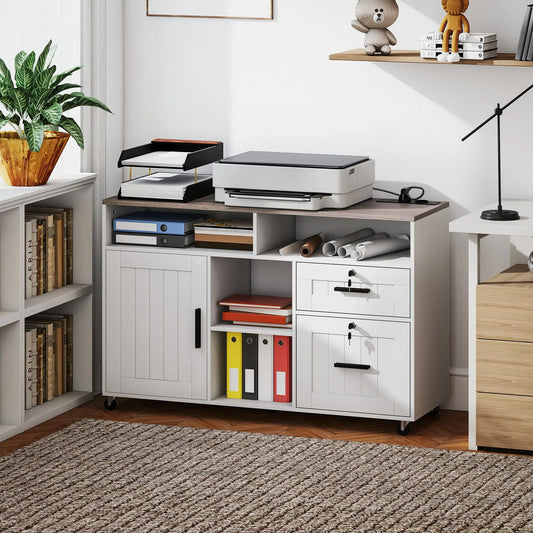 Mobile Printer Stand with Charging Station, Locking Filing Cabinet for A4 and Letter Size, White Office Cabinets & Cupboards White, Brown at Gallery Canada