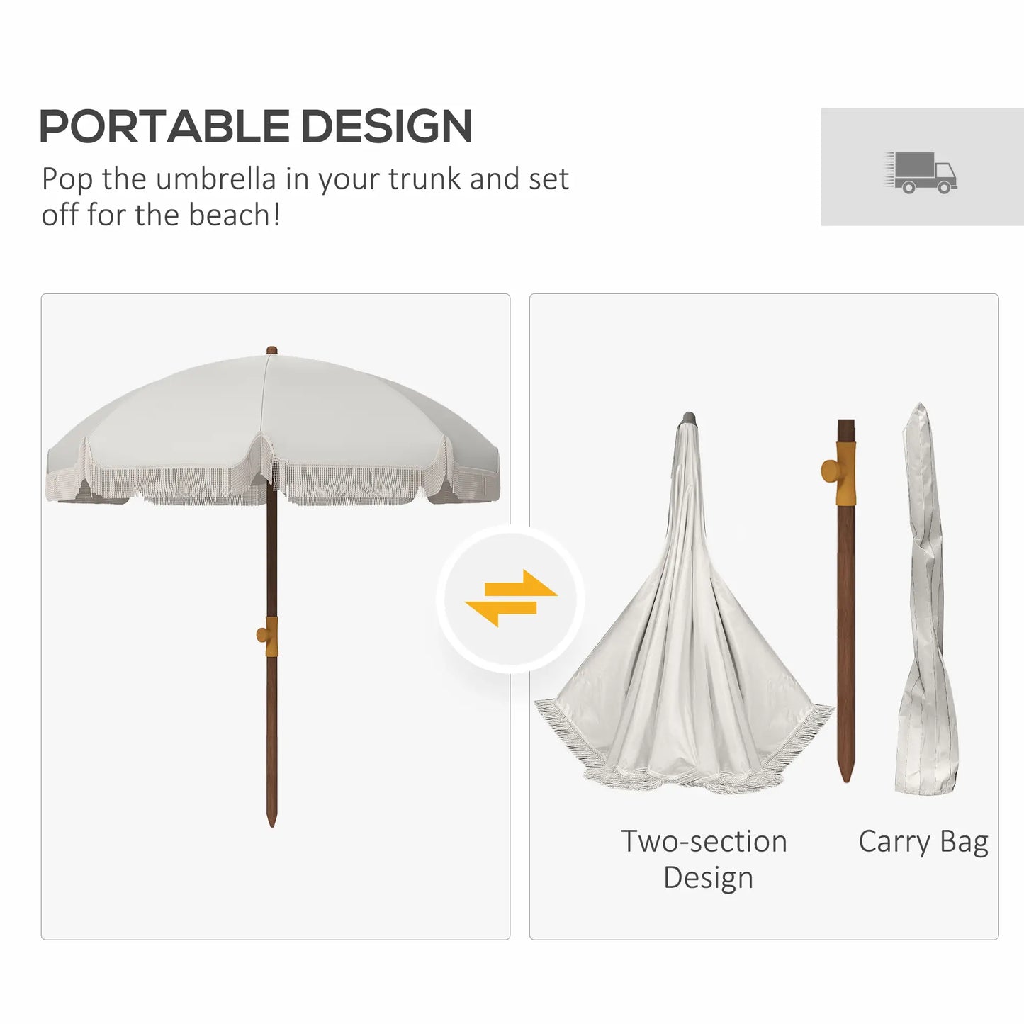 6.2' Travel Beach Umbrella, Vent, Ruffles, Carry Bag, Cream White