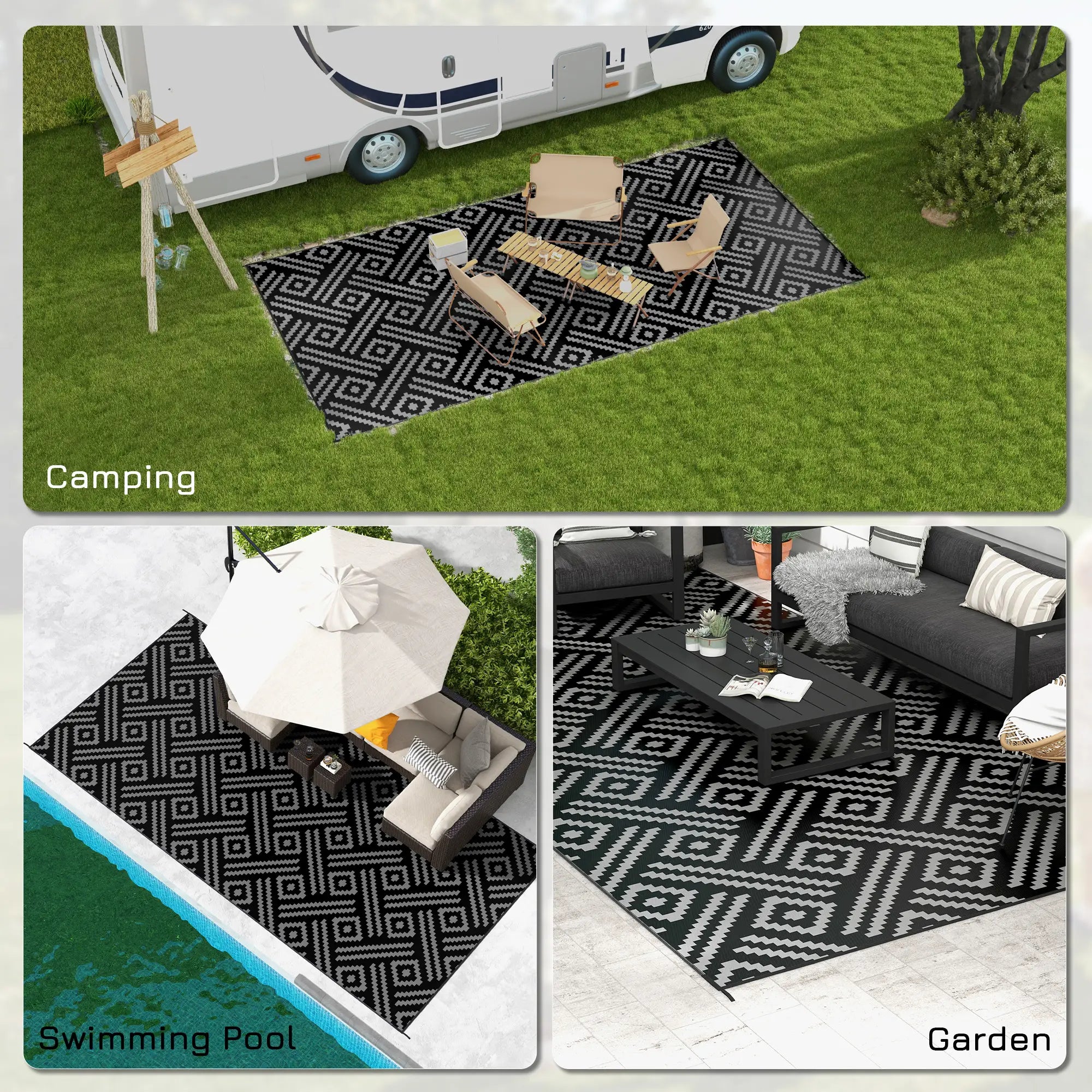 Reversible Outdoor Rug, Waterproof, 9' x 18', Geometric, Black Grey Outdoor Reversible Rugs at Gallery Canada
