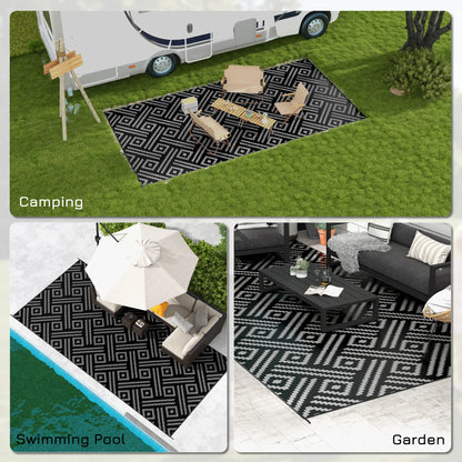 Reversible Outdoor Rug, Waterproof, 9' x 18', Geometric, Black Grey Outdoor Reversible Rugs at Gallery Canada