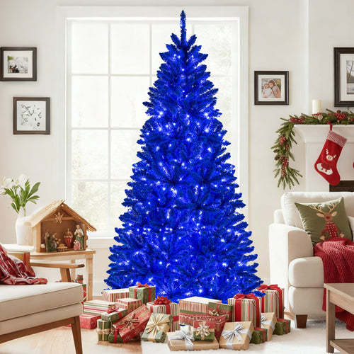 Pre-Lit Artificial Christmas Tree, 7 ft, 340 Blue LED Lights, 3 Modes, Blue