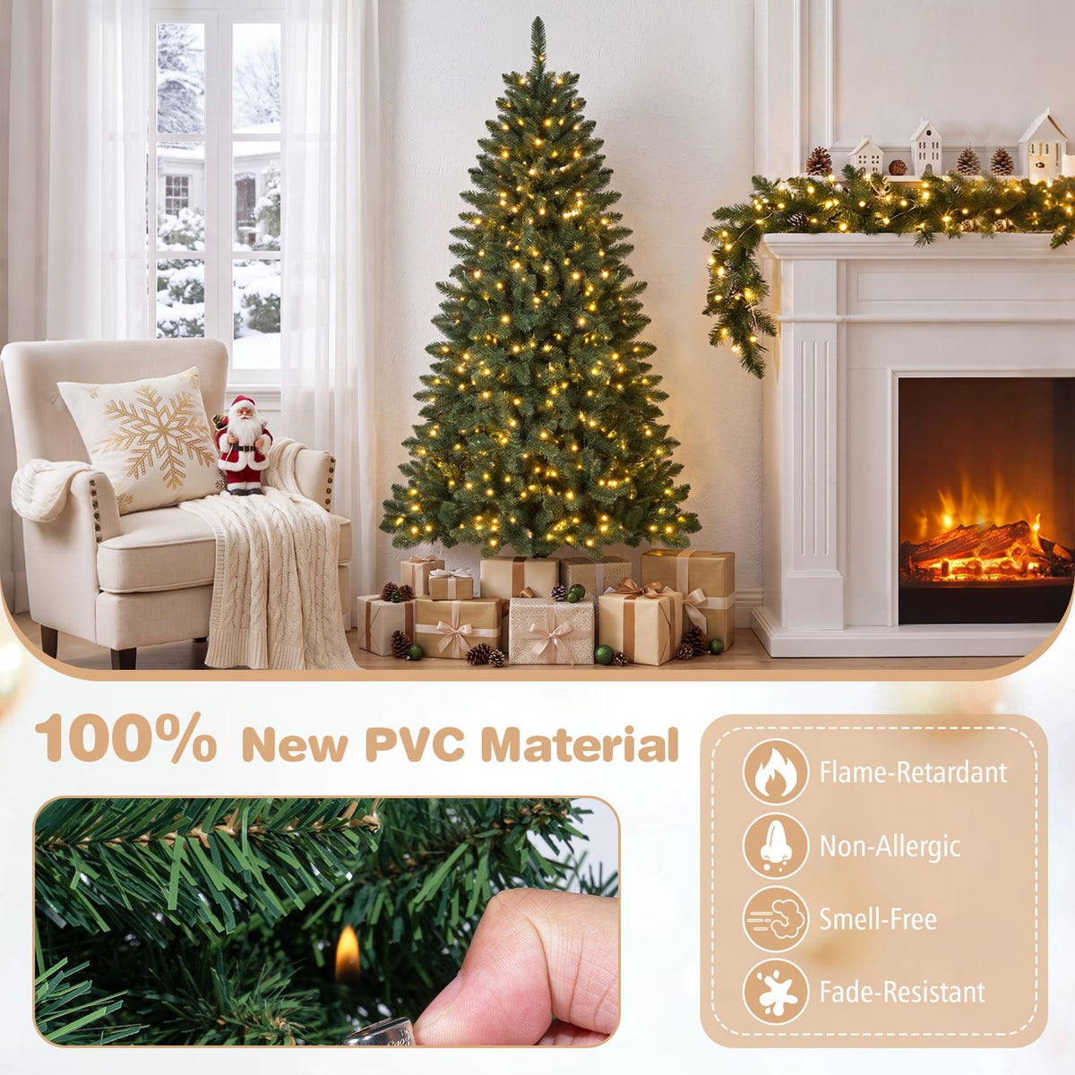 Sapin de Noël national artificiel pré-éclairé en demi-format de 6 pieds, 8 modes de clignotement, vert