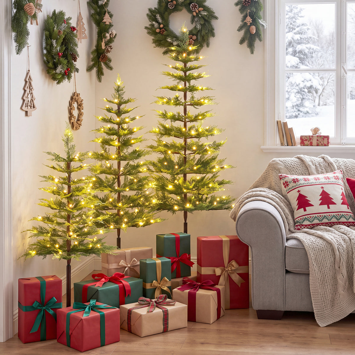 Ensemble de 3 sapins de Noël pré-éclairés en cyprès, 443 pointes PE, 220 lumières LED