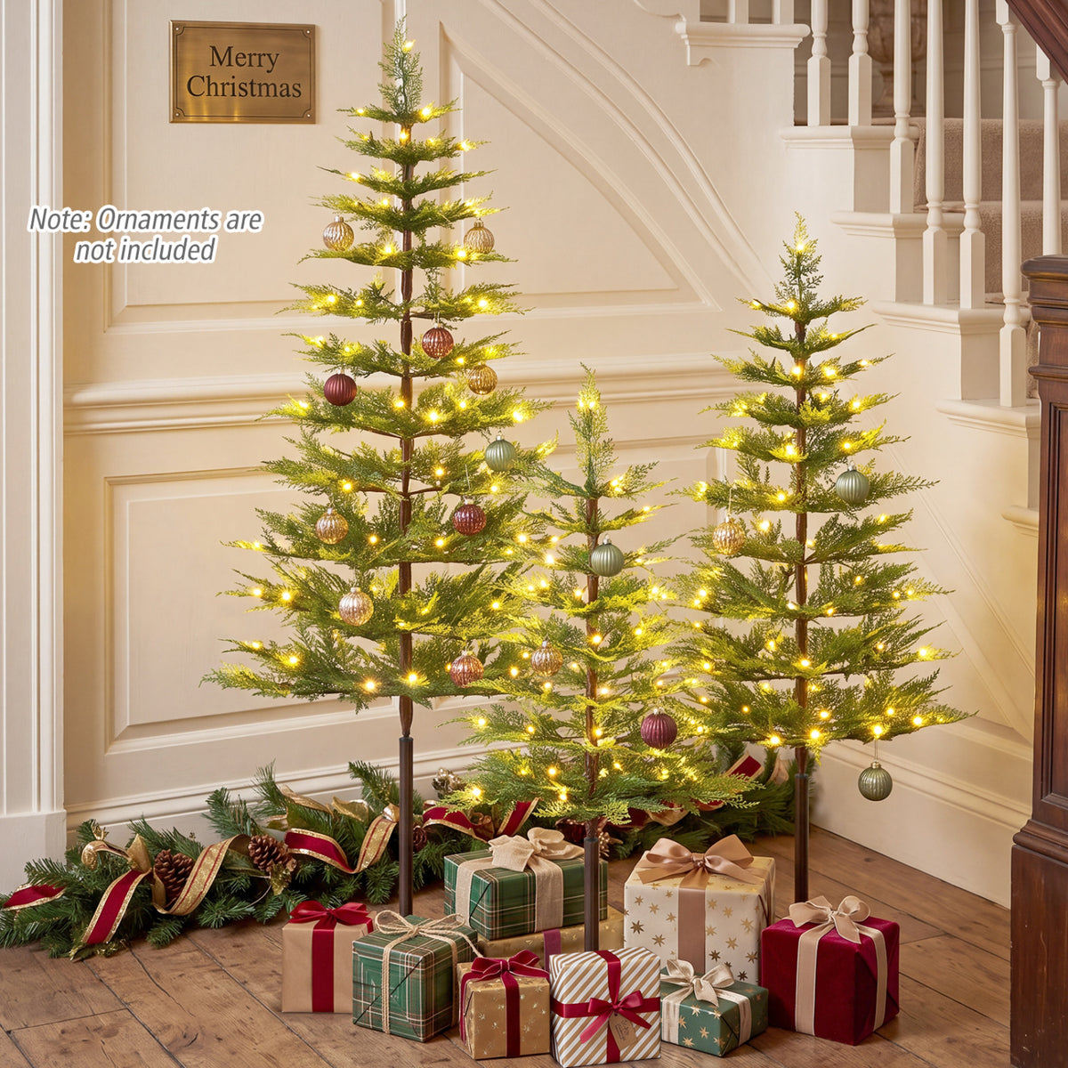 Ensemble de 3 sapins de Noël pré-éclairés en cyprès, 443 pointes PE, 220 lumières LED