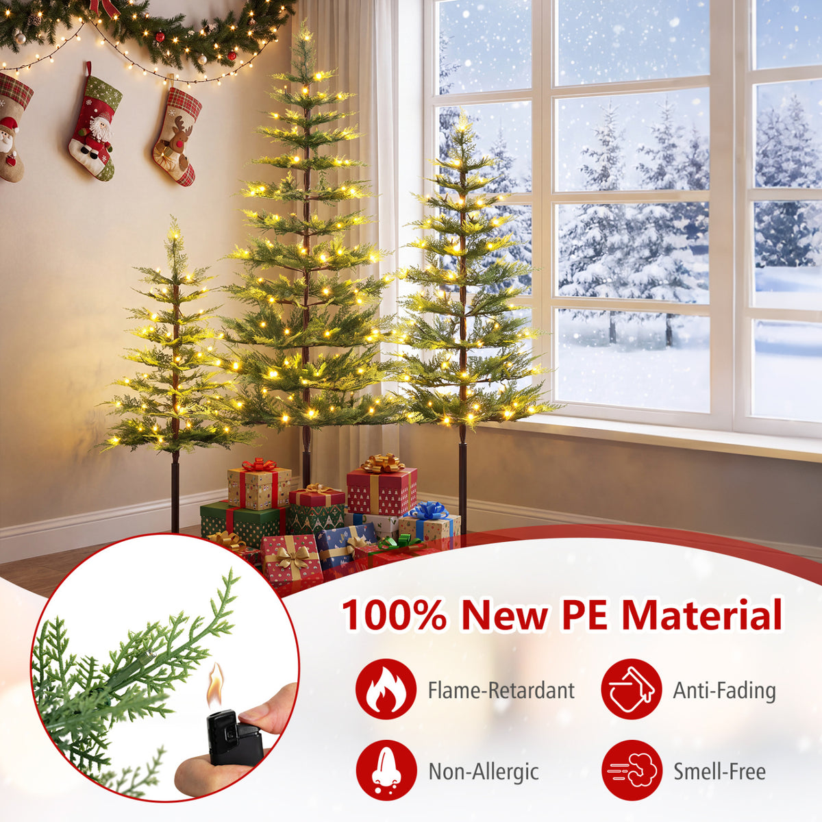 Ensemble de 3 sapins de Noël pré-éclairés en cyprès, 443 pointes PE, 220 lumières LED
