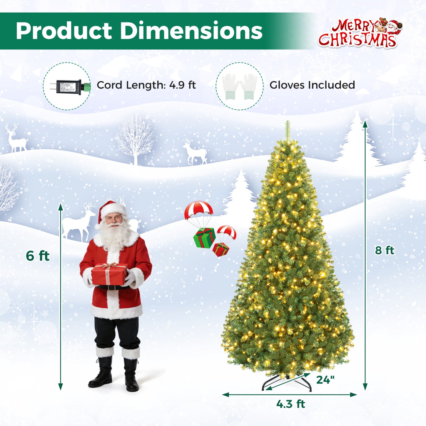 Pre-Lit Artificial Christmas Tree, 8 Ft, Green