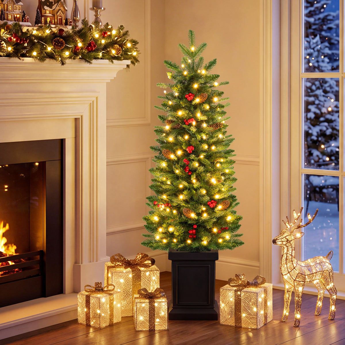Pre-Lit Potted Artificial Christmas Tree, 4FT, Green