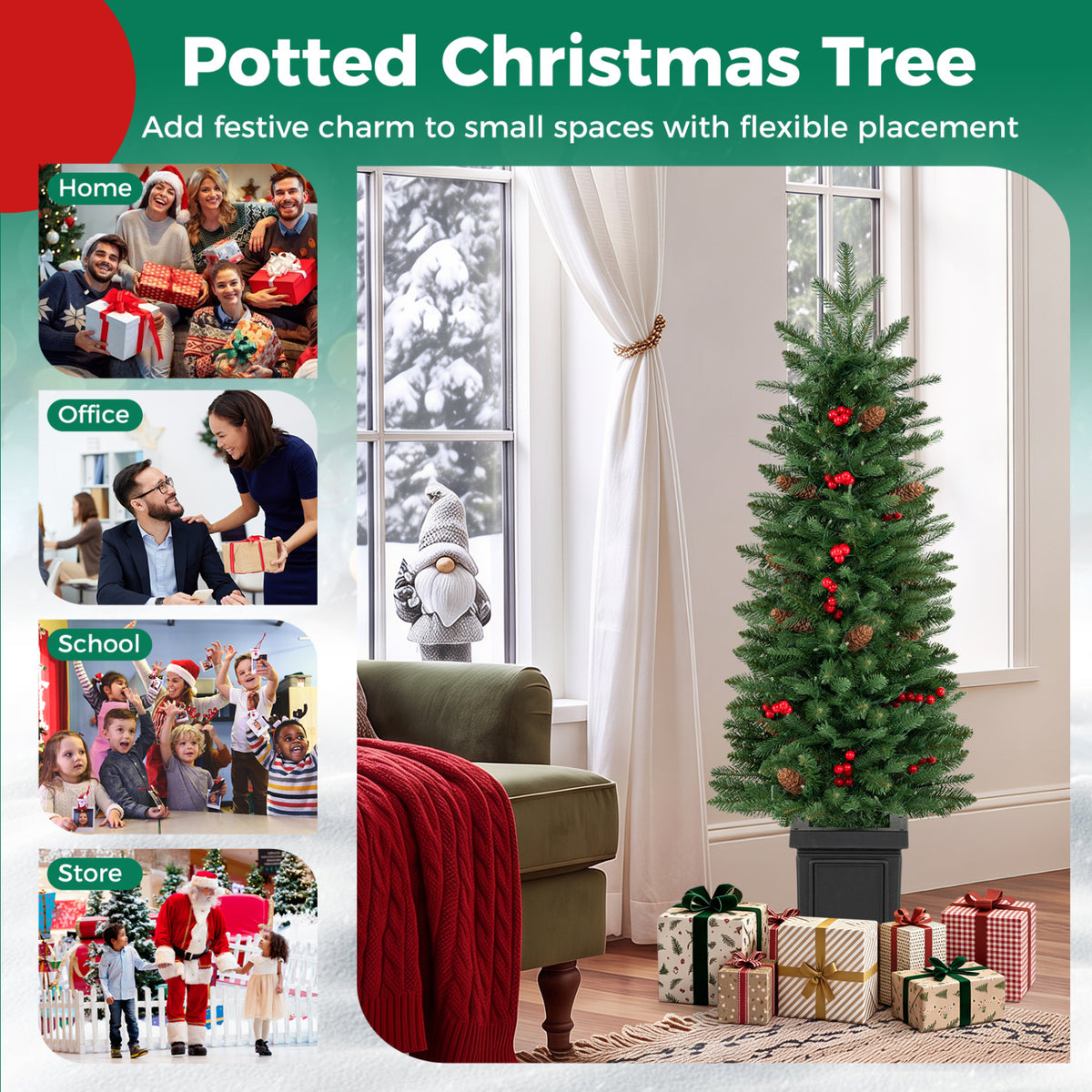 Pre-Lit Potted Artificial Christmas Tree, 4FT, Green