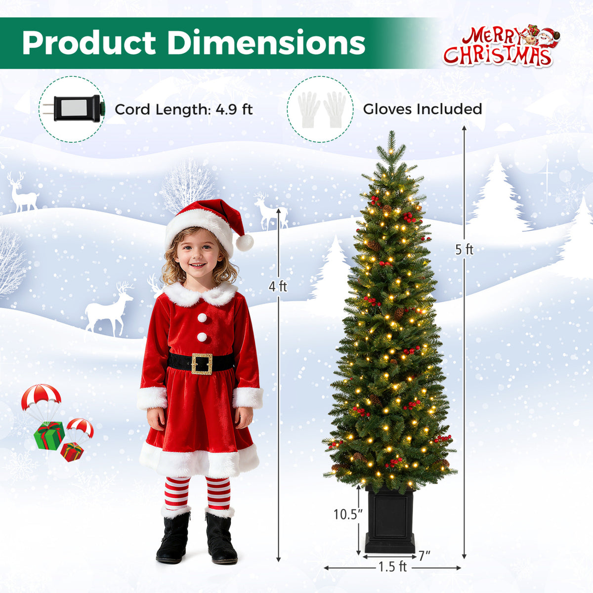 Pre-Lit Artificial Christmas Tree 100/150/200 LED Lights, 5FT, Green