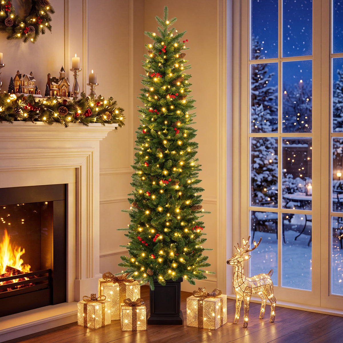 Sapin de Noël artificiel en pot pré-illuminé, 6 pieds, 100/150/200 lumières LED, Vert