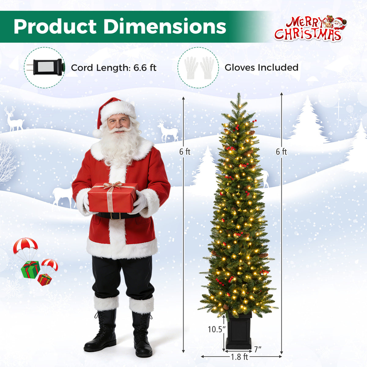Sapin de Noël artificiel en pot pré-illuminé, 6 pieds, 100/150/200 lumières LED, Vert