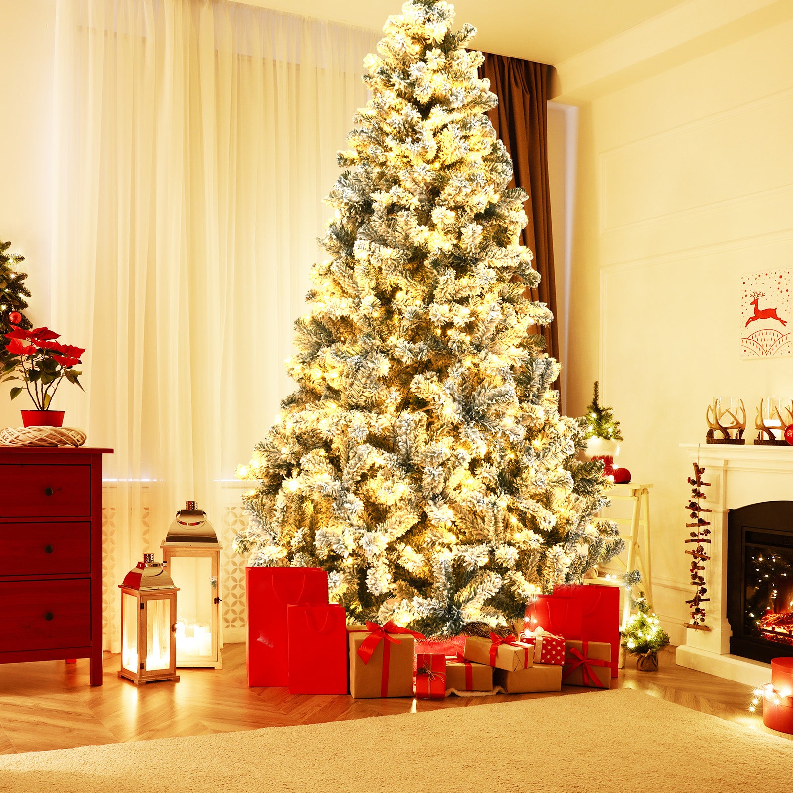 Pre-Lit Snow Flocked Hinged Artificial Christmas Tree, 9 ft, White Christmas Tree at Gallery Canada