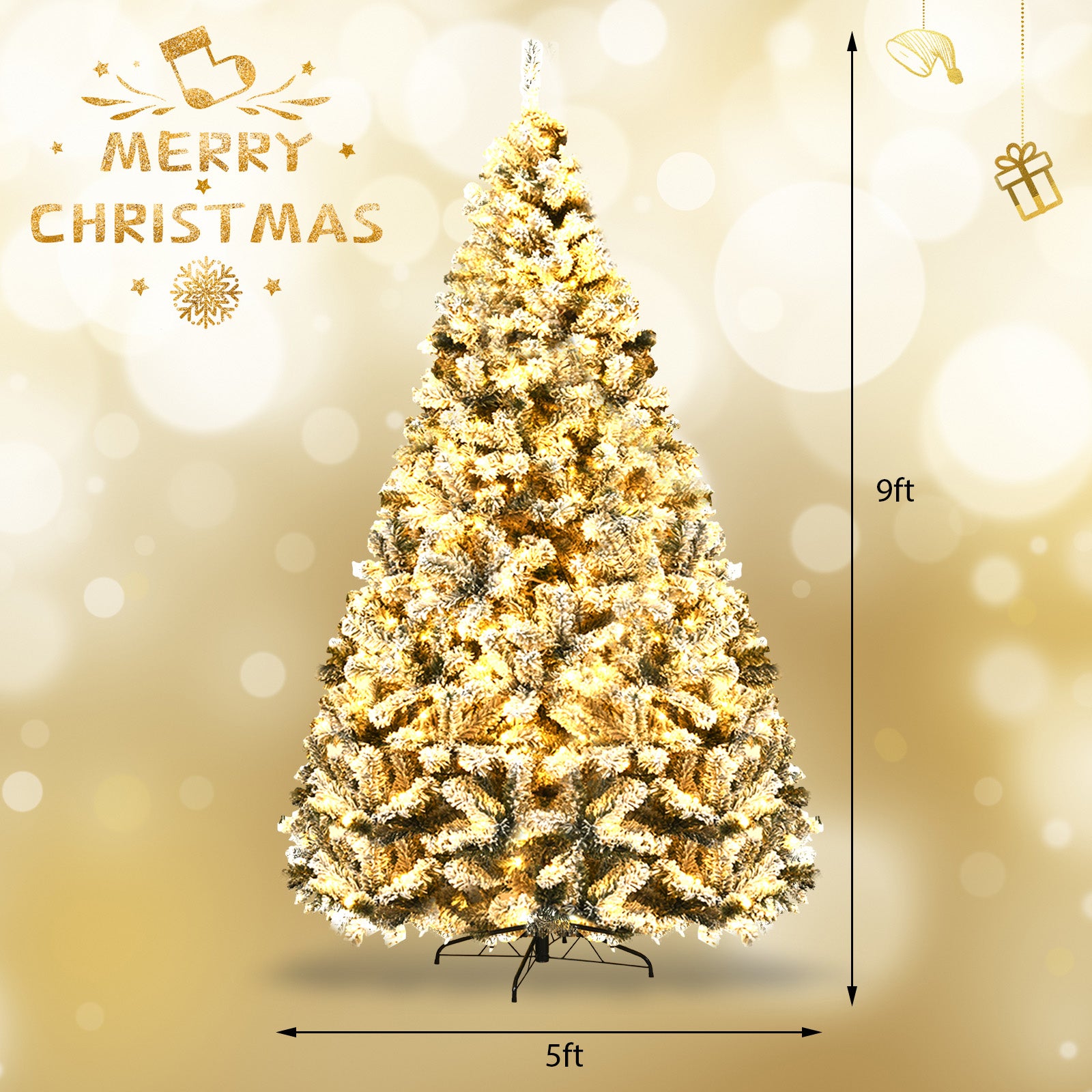 Pre-Lit Snow Flocked Hinged Artificial Christmas Tree, 9 ft, White Christmas Tree at Gallery Canada