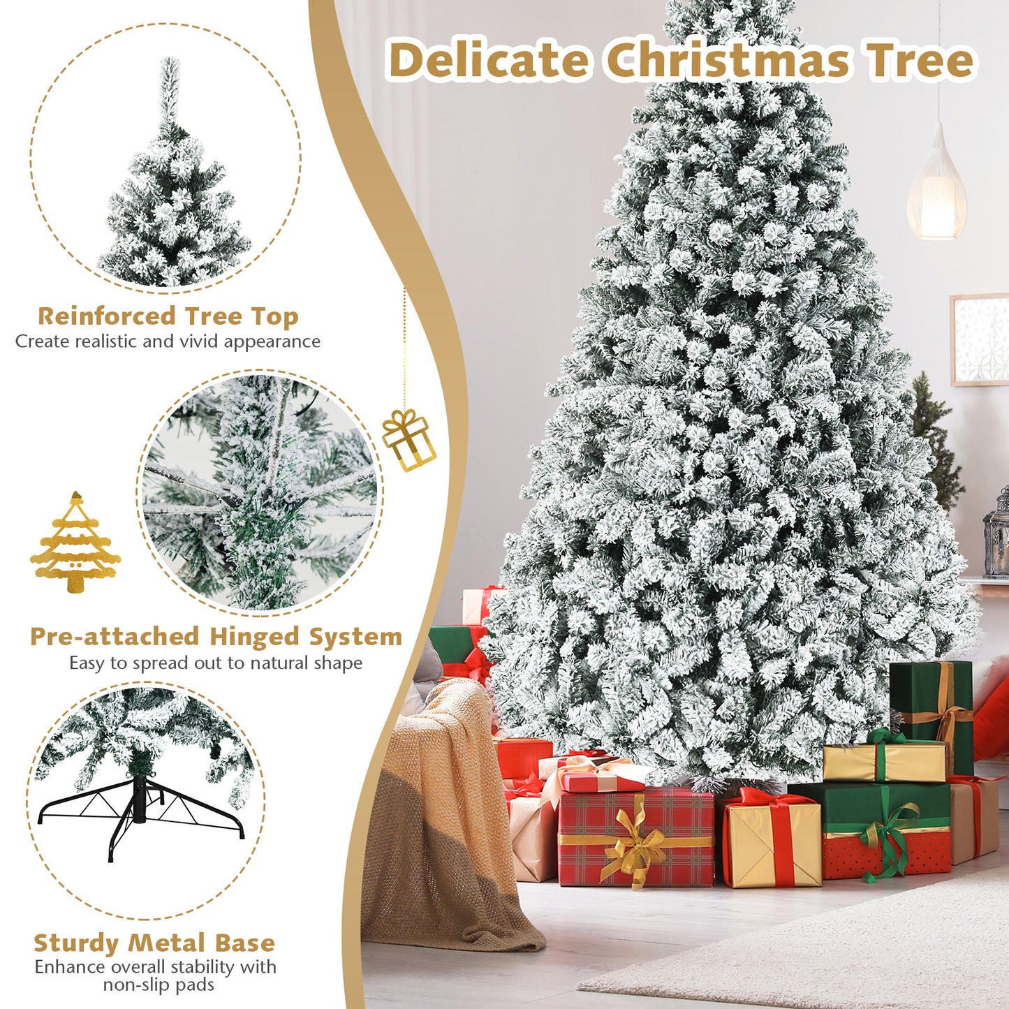 Pre-Lit Snow Flocked Hinged Artificial Christmas Tree, 9 ft, White Christmas Tree at Gallery Canada