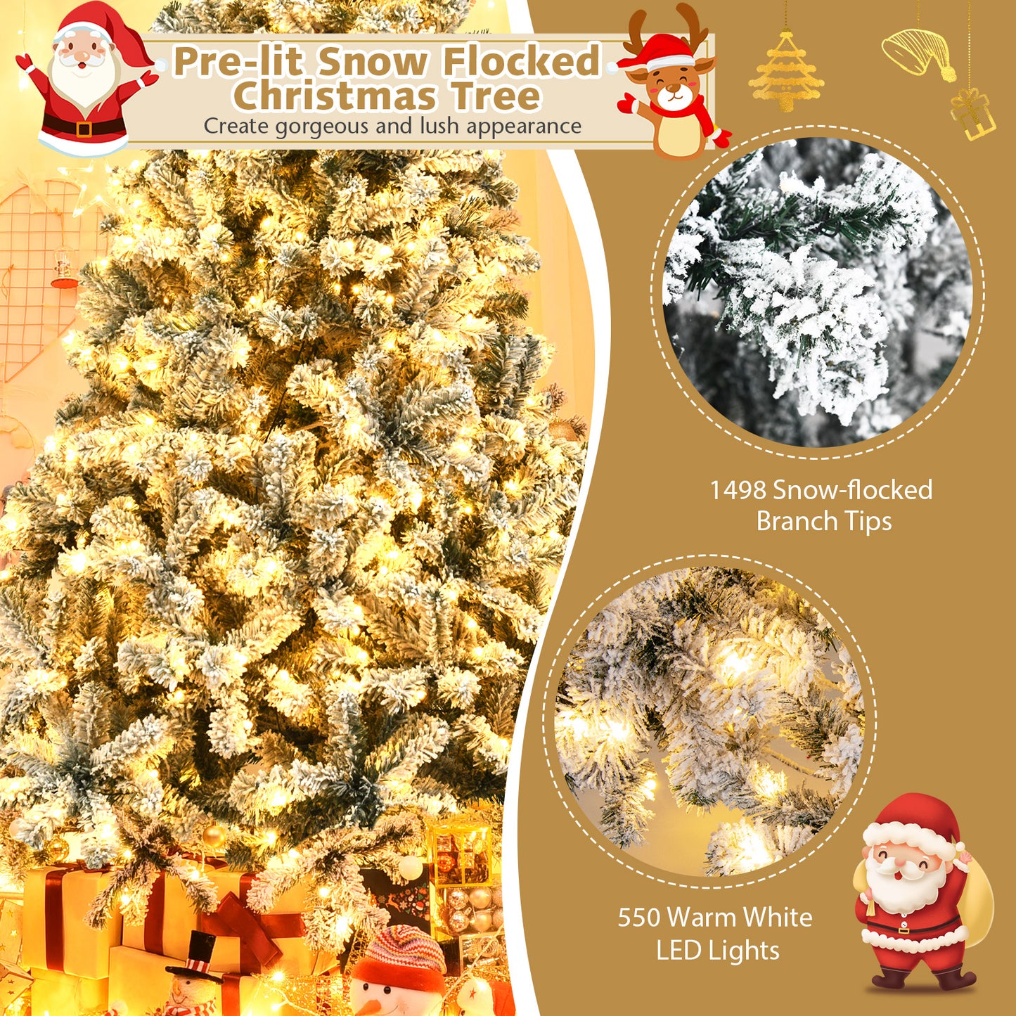 Pre-Lit Snow Flocked Hinged Artificial Christmas Tree, 9 ft, White Christmas Tree at Gallery Canada