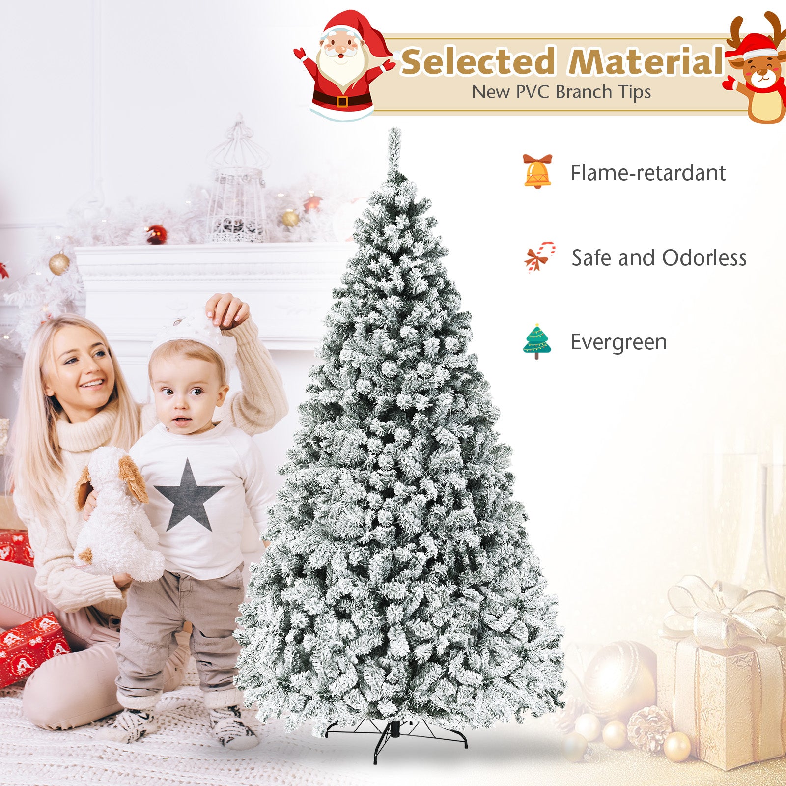 Pre-Lit Snow Flocked Hinged Artificial Christmas Tree, 9 ft, White Christmas Tree at Gallery Canada