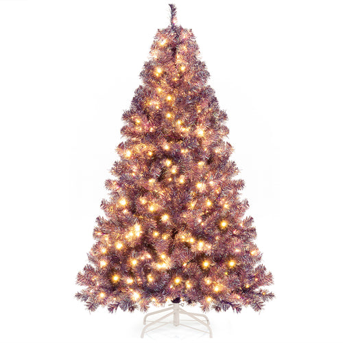 Pre-Lit Tinsel Christmas Tree Artificial Xmas Tree with Lush Branch Tips and Warm White LED Lights-6ft