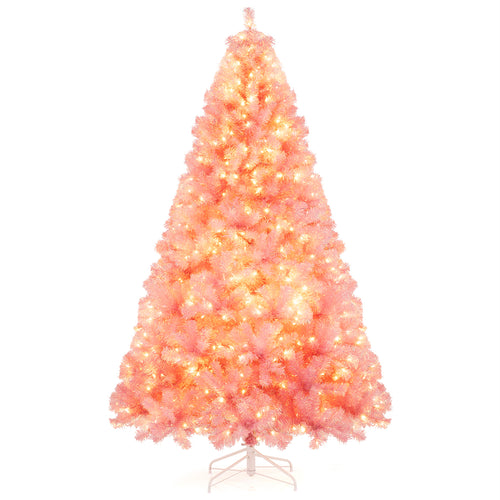 Pre-Lit Tinsel Christmas Tree Artificial Xmas Tree with Lush Branch Tips Holiday Decoration-7.5ft, Pink