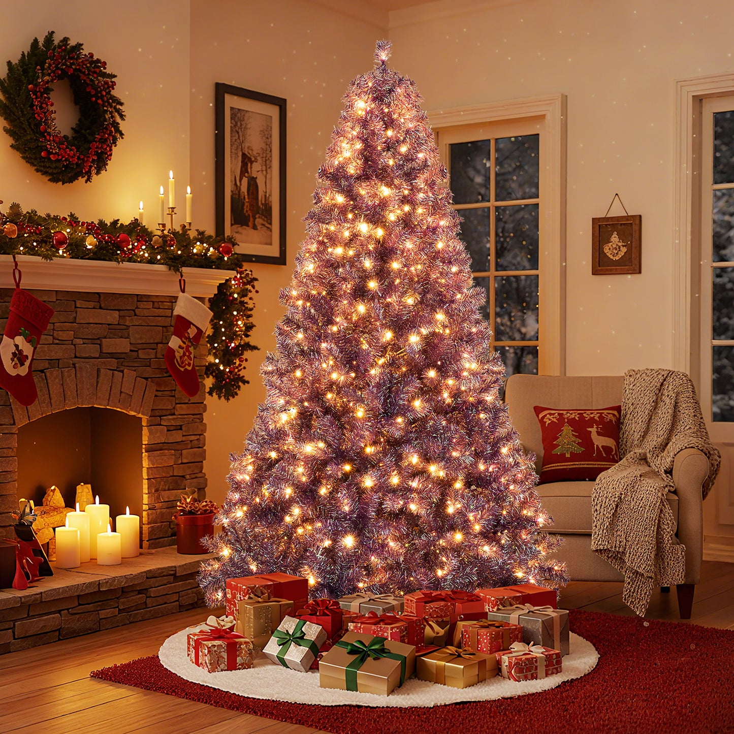 Pre-Lit Tinsel Christmas Tree, 7.5ft, Warm White LED Lights Christmas Tree at Gallery Canada