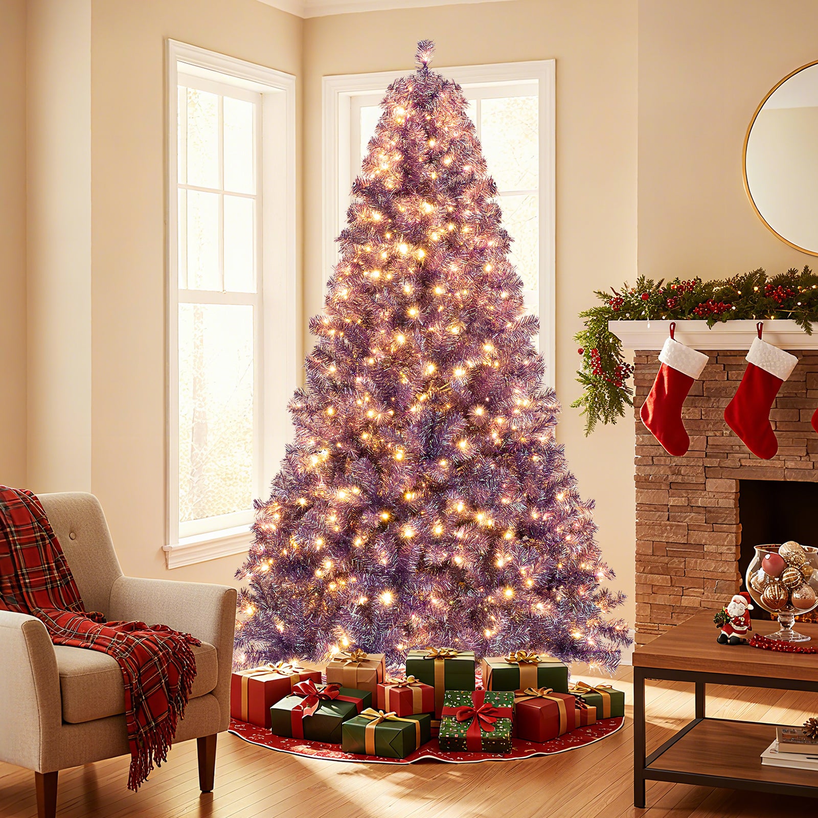 Pre-Lit Tinsel Christmas Tree, 7.5ft, Warm White LED Lights Christmas Tree at Gallery Canada