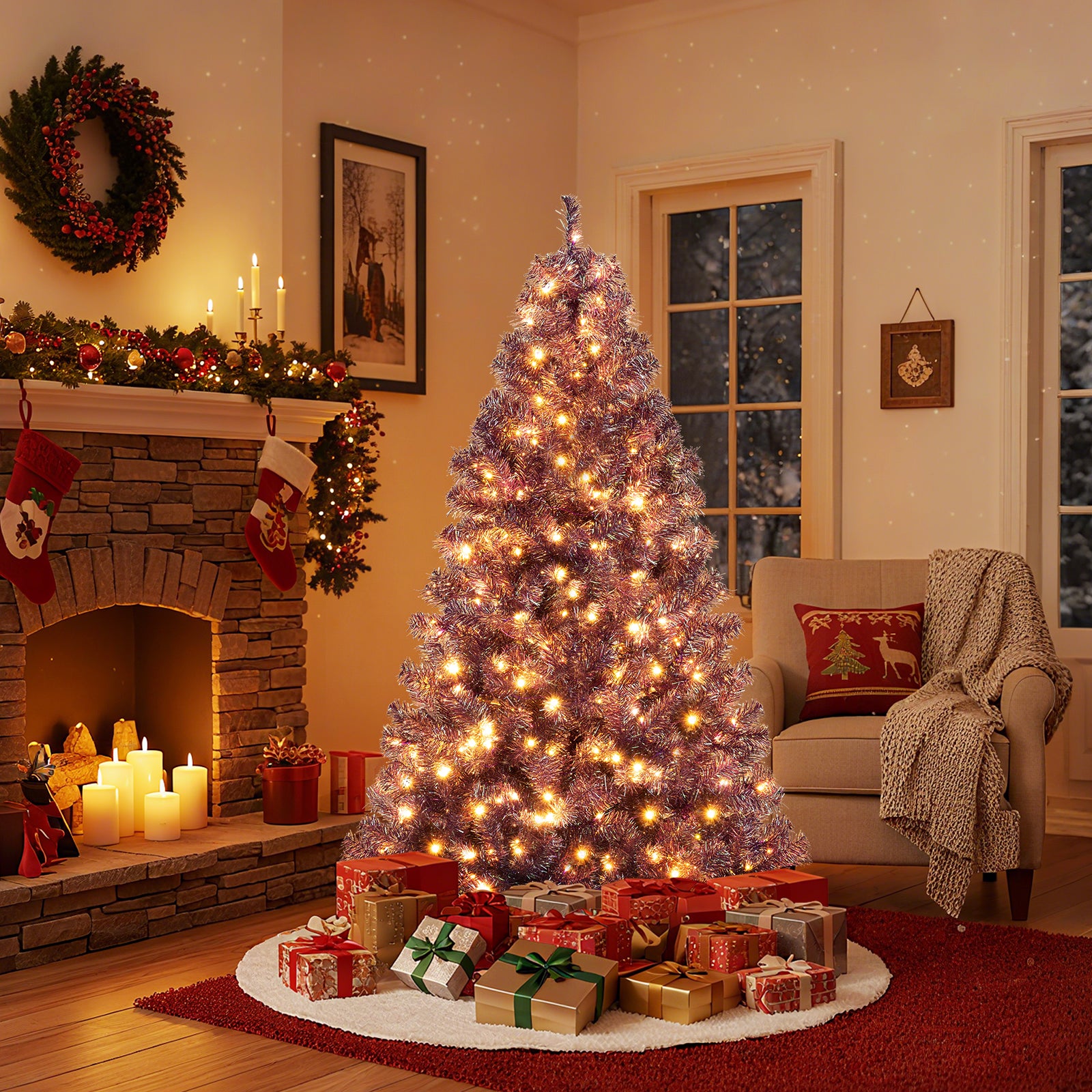 Pre-Lit Tinsel Christmas Tree, Artificial Xmas Tree, 6ft, Warm White Christmas Tree at Gallery Canada