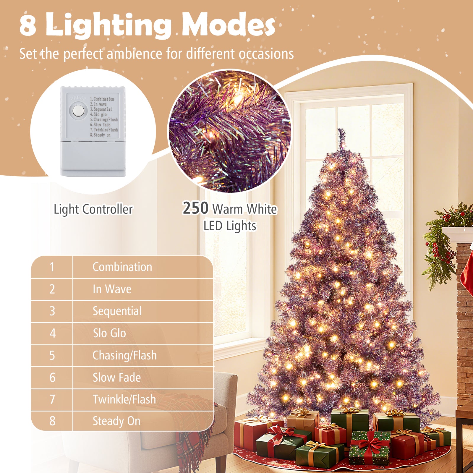 Pre-Lit Tinsel Christmas Tree, Artificial Xmas Tree, 6ft, Warm White Christmas Tree at Gallery Canada