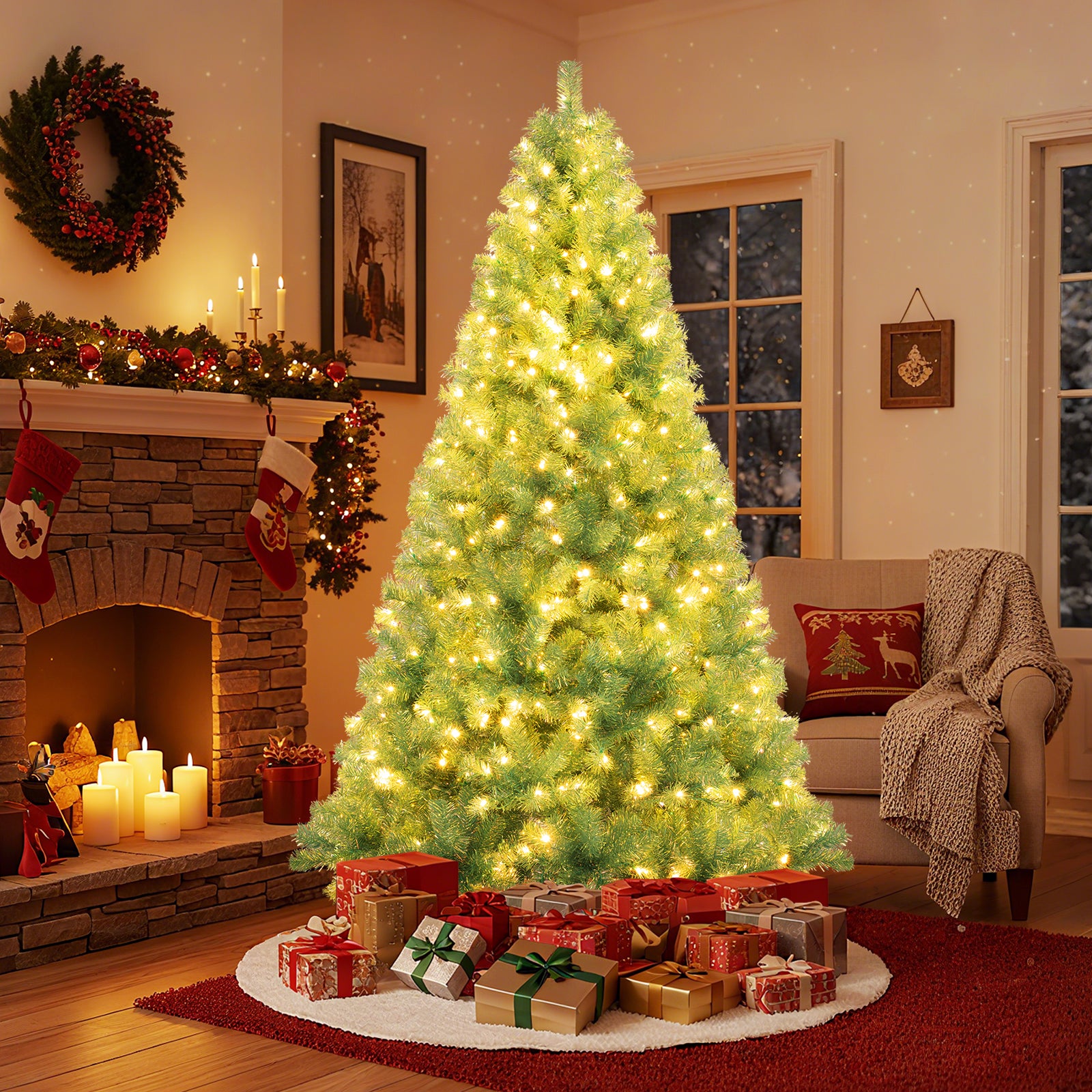 Pre-Lit Tinsel Christmas Tree, Artificial Xmas Tree, M, Green Christmas Tree at Gallery Canada