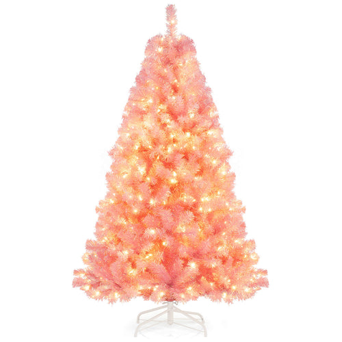Pre-Lit Tinsel Christmas Tree, Artificial Xmas Tree, Lush Branch Tips, 6ft, Pink
