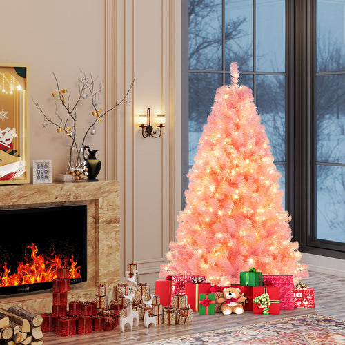 Pre-Lit Tinsel Christmas Tree, Artificial Xmas Tree, Lush Branch Tips, 6ft, Pink