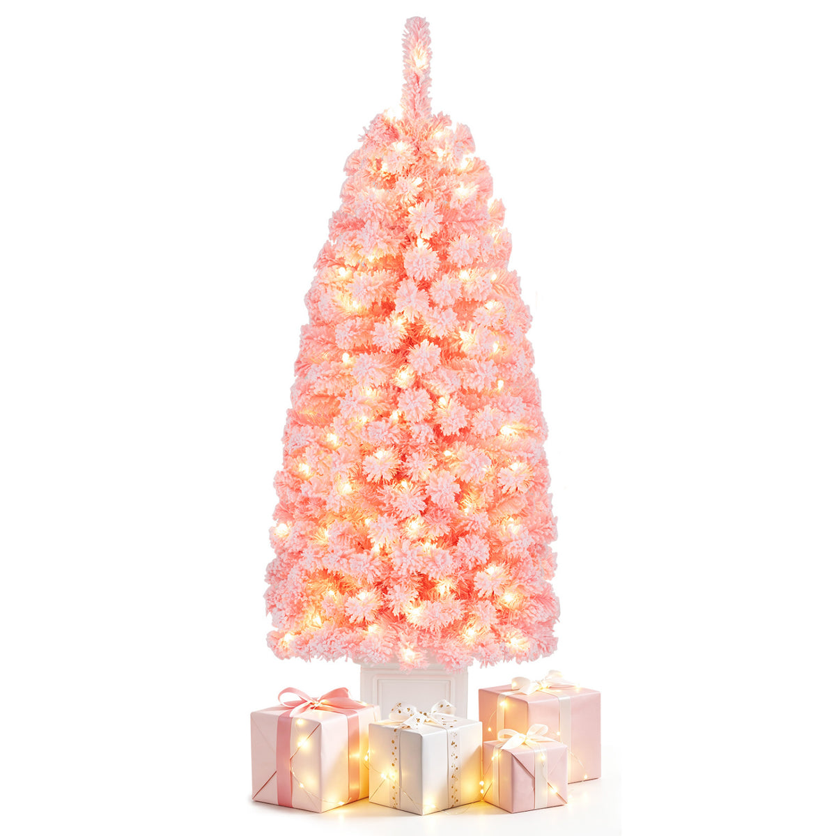 4FT Pre-Lit Potted Artificial Christmas Tree, 130 Warm White LEDs, Green