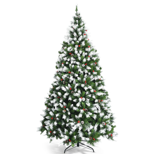 Sapin de Noël floqué de neige pré-éclairé avec baies rouges et lumières LED, 7,5 pieds, vert