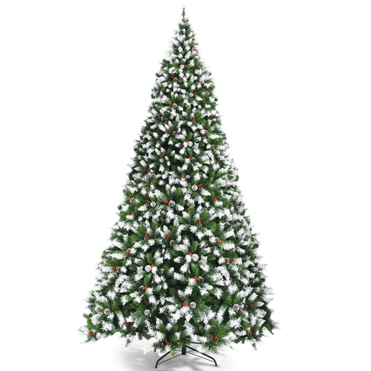 Pre-Lit Snow Flocked Christmas Tree, Red Berries, LED Lights, 9 Feet, Green Christmas Tree Green at Gallery Canada