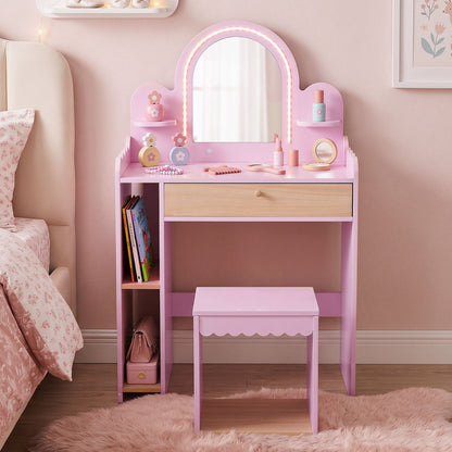 Pretend Makeup Dressing Table Set with 2 Small Shelves and Compartments, Pink