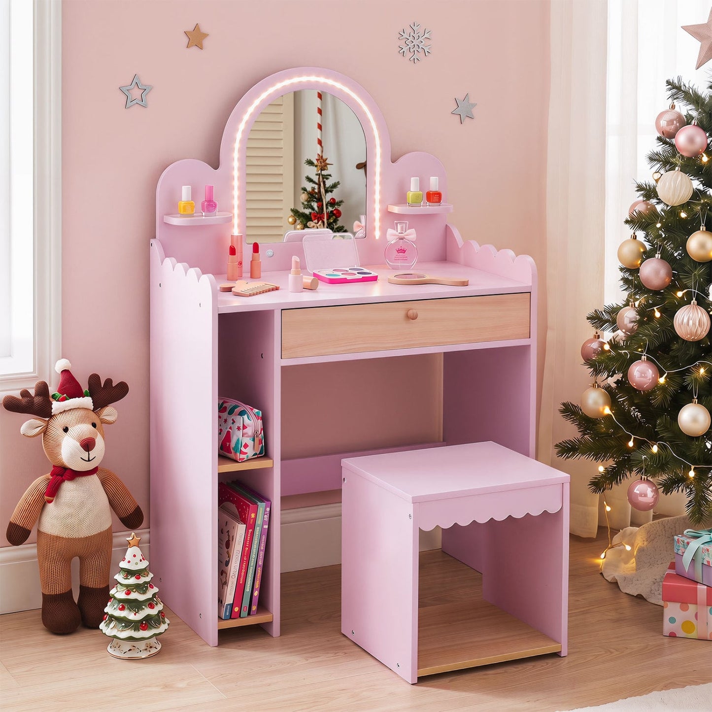 Pretend Makeup Dressing Table Set with 2 Small Shelves and Compartments, Pink