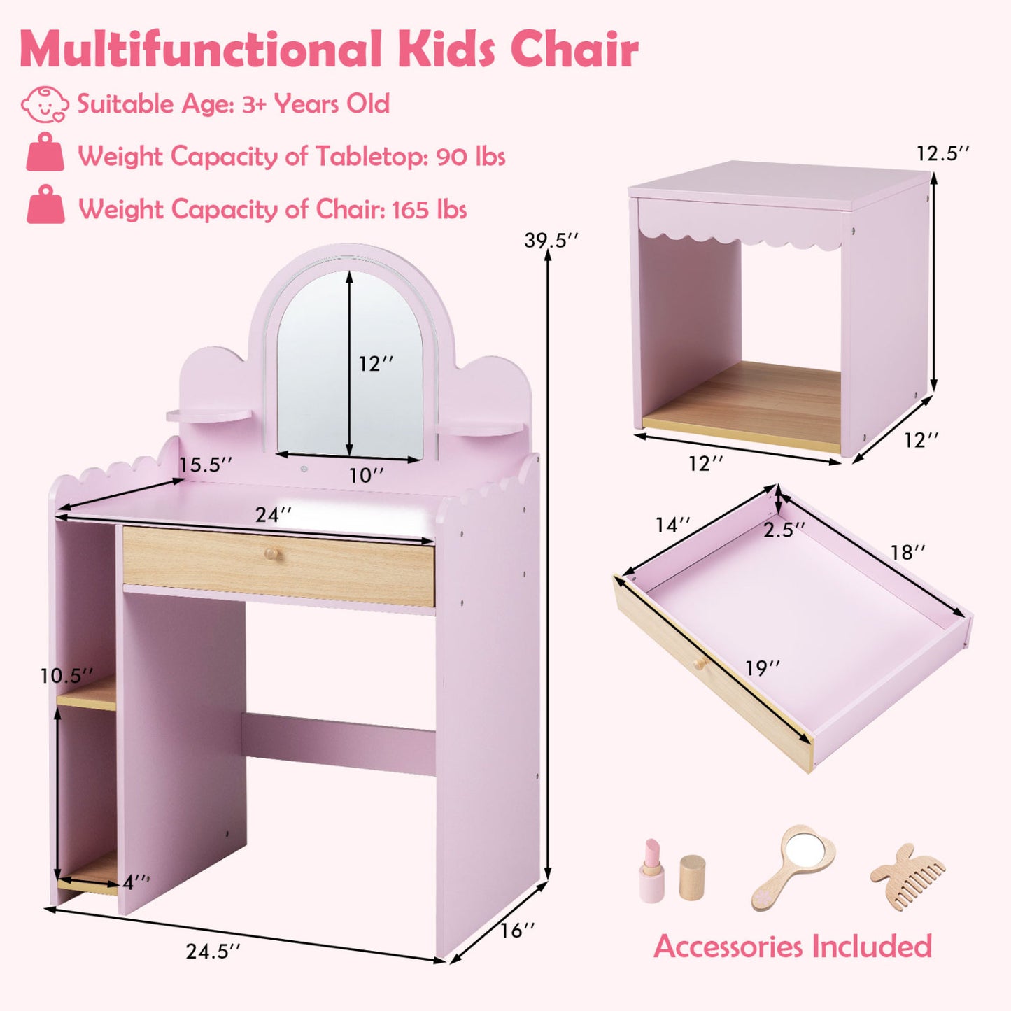 Pretend Makeup Dressing Table Set with 2 Small Shelves and Compartments, Pink
